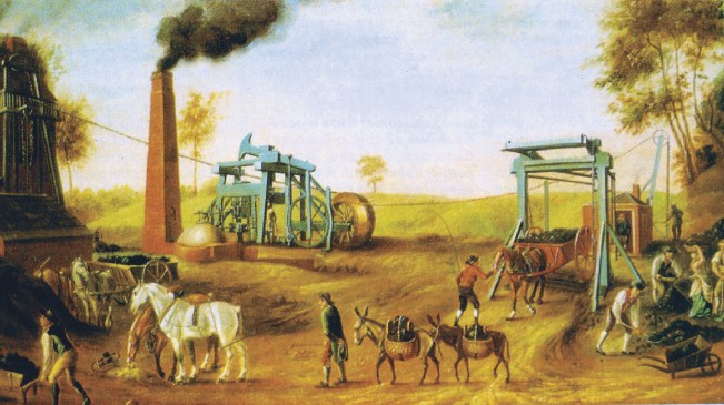 Вугільні шахти в Англії з пристроями на паровій тязі (біля 1790 р.)