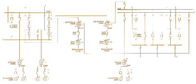 Мал. 5.4. Головна схема електричних з'єднань Дністровської ГЕС:  1 – генератор; 2 – трансформатор; 3 – вимикач; 4 – роз'єднувач; 5 – автотрансформатор;  6 – шини високої напруги; 7 – високовольтні лінії електропередач