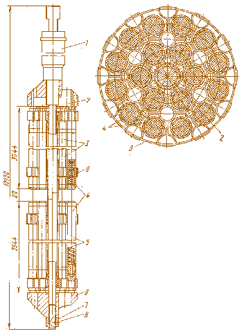 Мал. 2.21. Тепловиділяюча касета реактора РБМК 1000:  1 – нижня ТВЗ; 2 – верхня ТВЗ; 3 – твели; 4 – несуча труба;  5 – дистанціонуюча решітка; 6 – направляючий хвостовик;  7 – підвіска; 8 – наконечник вміст пари на виході з активної зони складає 14,5%.