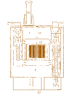 Мал. 2.30. Дві конструкції високотемпературного газоохолоджуваного реактора (HTGR): а – торієвий високотемпературний реактор з кульовими твелами (THTR) в Уентропі (ФРН); б – реактор у Форт Сент Врейні (США); 1 – корпус реактора із попередньо напруженого бетону; 2 – введення палива; 3 – стрижень регулювання; 4 – ГЦН; 5 – активна зона з насипним шаром кульових твелів; 6 – графітовий відбивач; 7 – теплообмінник і парогенератор; 8 – вивантаження відпрацьованих твелів; 9 – насос аварійної системи охолоджування; 10 – перевантажувальна машина; 11 – стрижень регулювання; 12 – активна зона з гексагональних призматичних блоків 
