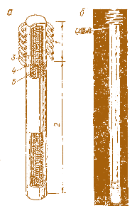 Мал. 3.16. Схема (а) й зовнішній вигляд (б) при роботі теплової труби: 1 – зона випаровування; 2 – зона конденсації;  3 – пара; 4 – гніт; 5 – рідина