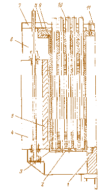 Мал. 3.20. Попередня конструкція реактора з тепловими трубами для установки  SP 100:  1 – обмежувач основи контейнера активної зони; 2 – контейнер активної зони; 3 – багатошарова фольгова теплоізоляція; 4 – барабан управління;  5 – поглинаючий сегмент барабана управління (В4С); 6 – відбивач (ВeO);  7 – крепіжний зажим (фіксатор);  8 – блоки з ZrO; 9 – фланець контейнера активної зони; 10 – теплова труба;  11 – хрестовина