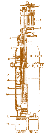 Мал. 7.14. Загальний вигляд ВПБЕР 600:  1 – верхній блок; 2 – привід СУЗ;  3 – рівнемір; 4, 5 – кришка й корпус реактора відповідно; 6 – теплообмінник конденсатор; 7 – парогенератор; 8 – блок, що ущільнює головки ТВЗ;  9 – внутрішньокорпусна шахта;  10 – активна зона; 11 – іонізаційна камера;  12 – циркуляційні насоси першого контура 