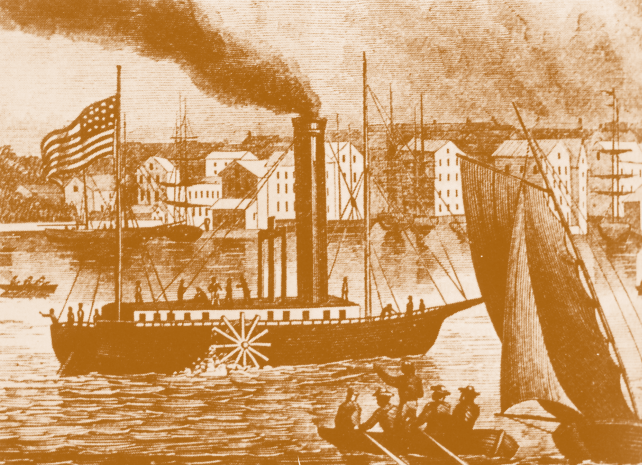 Первое паровое судно «Клермонт» изобретателя Фултона на Гудзоне (17.08.1807)