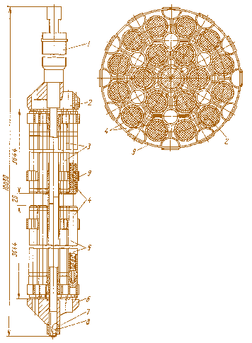 Рис. 2.21. Тепловыделяющая кассета реактора РБМК–1000: 1 – нижняя ТВС; 2 – верхняя ТВС; 3 – твэлы; 4 – несущаятруба; 5 – дистанционирующая решетка; 6 – направляющий хвостовик; 7 – подвеска; 8 – наконечник