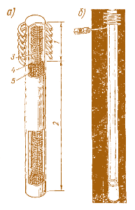 Рис. 3.16. Схема (а) и внешний вид (б) при работе тепловой трубы:  1 – зона испарения; 2 – зона конденсации; 3 – пар; 4 – фитиль; 5 – жидкость
