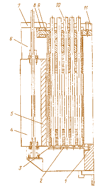 Рис. 3.20. Предварительная конструкция реактора с тепловыми трубами для установки SP-100; 1 – ограничитель основания контейнера активной зоны; 2 – контейнер активной зоны; 3 – многослойная фольговая теплоизоляция; 4 – барабан управления; 5 – поглощающий сегмент барабана управления (В 4 С); 6 – отражатель (ВeO);  7 – крепежный зажим (фиксатор);  8 – блоки из ZrO; 9 – фланец контейнера активной зоны; 10 – тепловая труба; 11 – крестовина