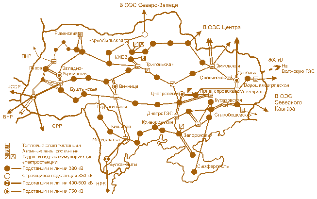 Рис. 3.2. Схема основных электрических сетей ОЭС Юга на 01.01.1979 года