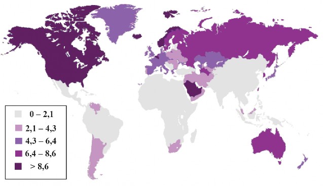 Рис. 1.2. Душевое потребление энергии в странах мира в 2007 г. (Источник: BP World Energy Revue, 2008)